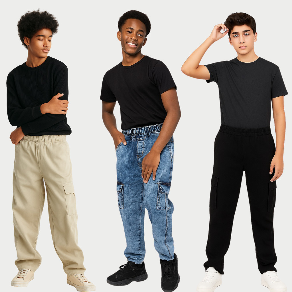 Calça Cargo Larga Infantil Juvenil Elastano e Bolsos Laterais Calça Larga Moda Casual infantil kids 2025