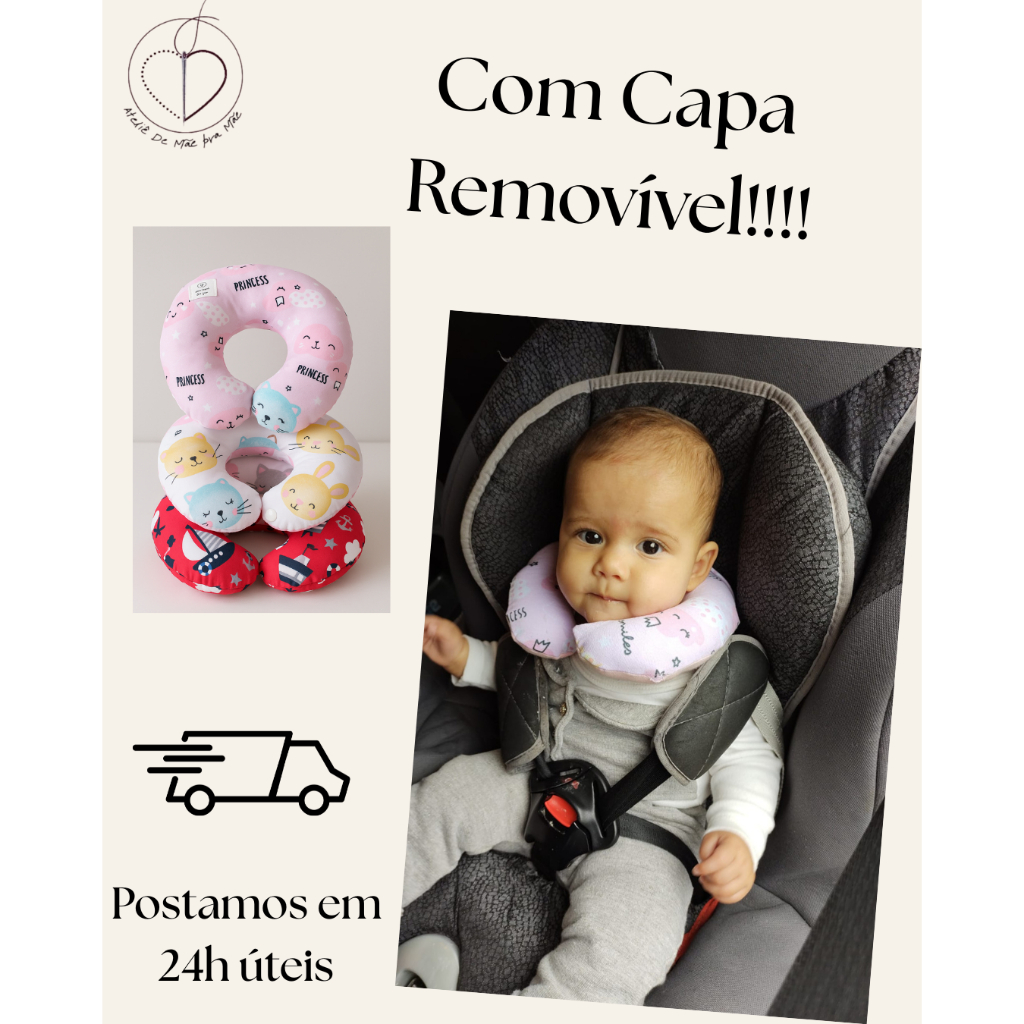 Almofada de Pescoço Bebê e Infantil Travesseiro Protetor para Carro Capa Removível Ergonômica