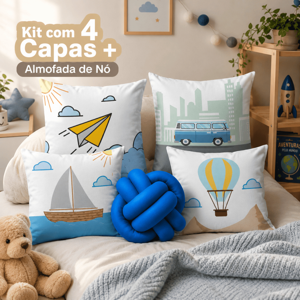 Kit 4 Capas de Almofada Infantil Automóveis + Almofada Nó