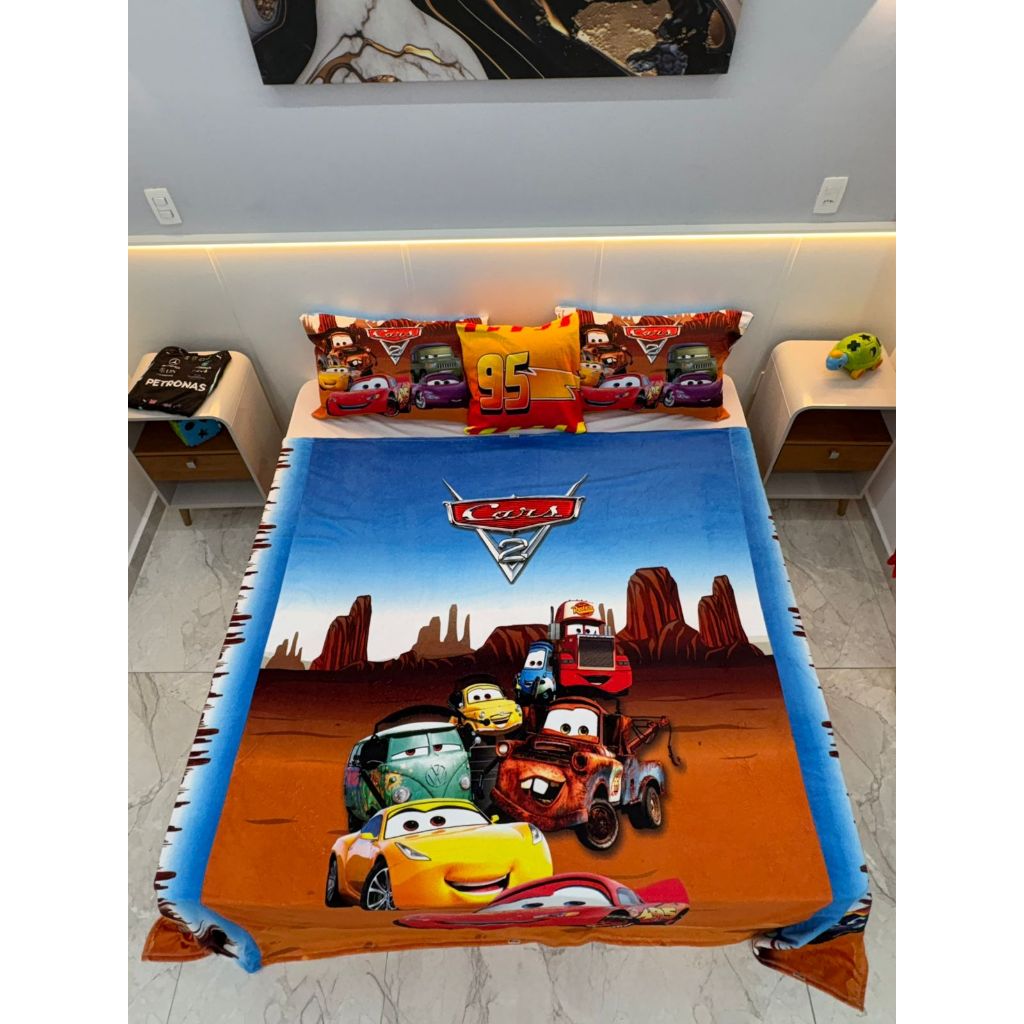 Manta Cobertor Carros Relâmpago McQueen Casal kit 4pçs Fleece Flanel, Fronha e Capa Almofada Extra Macio Decoração Cama