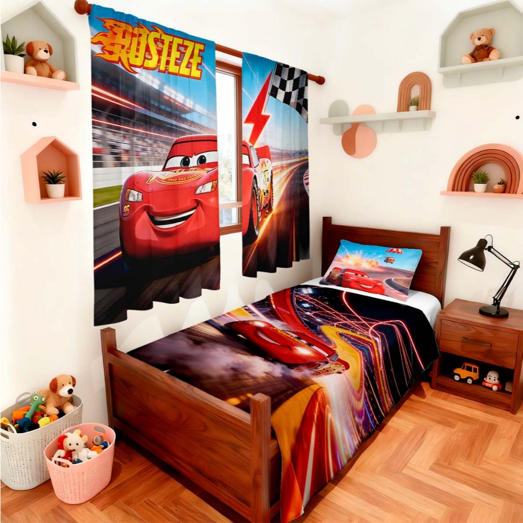 Jogo Quarto De Solteiro Estampado Cobre Leito Mais Cortina E Capa De Almofada Kit Decorativo carros