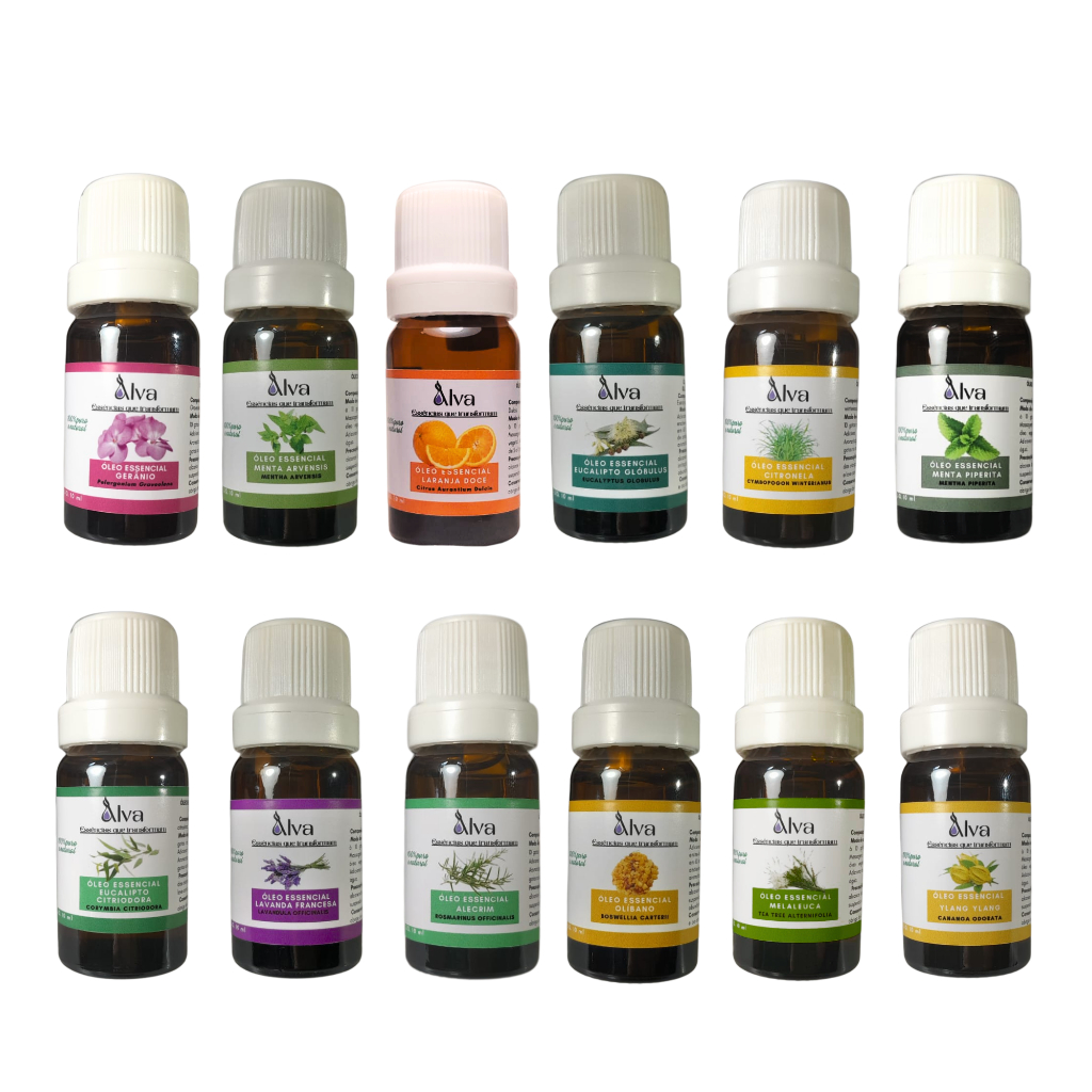 KIT Essencial Alva - 12 Óleos Essenciais diferentes com 10 ml cada - Frasco de vidro com gotejador