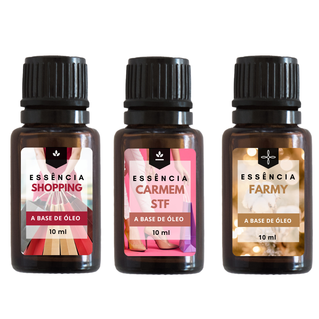 Kit Essência Cheirinho de Loja - Shopping, Carmen, Farmy 10ml a Base de Óleo 03 Unidades