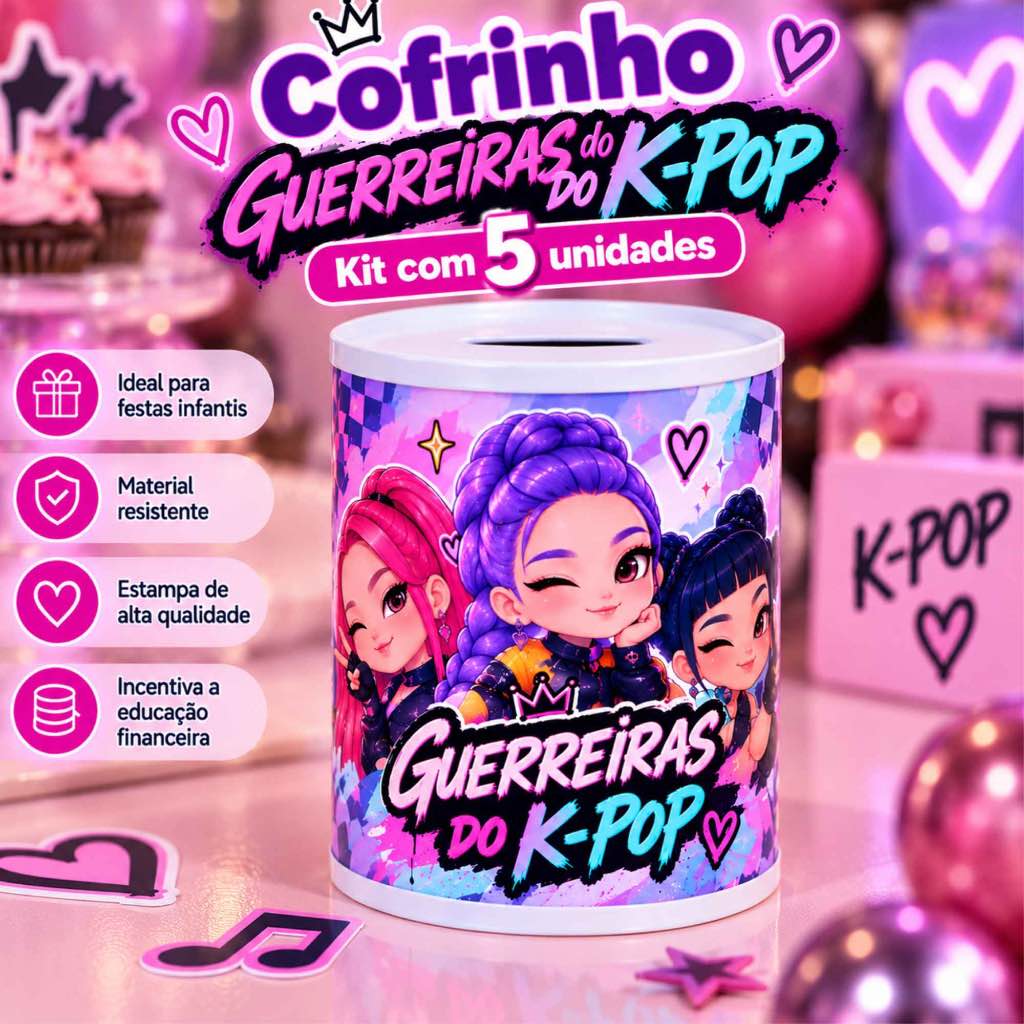 Cofrinho Guerreiras do K-Pop Infantil Kit 5 Unidades Lembrancinha Festa