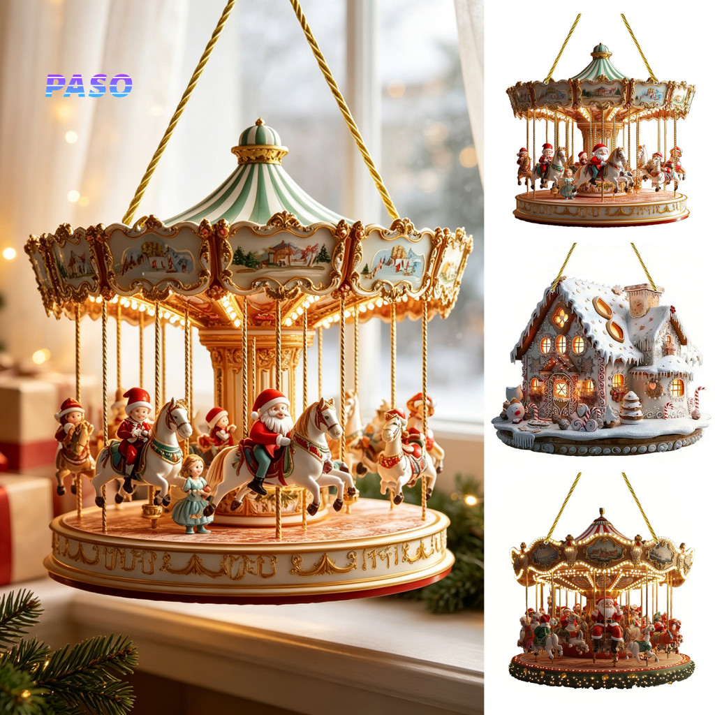 Holiday Party Decorations Retro Theme Christmas Tree Decor Santa Claus Carousel Snow Cottage Double-sided Acrylic Hangin