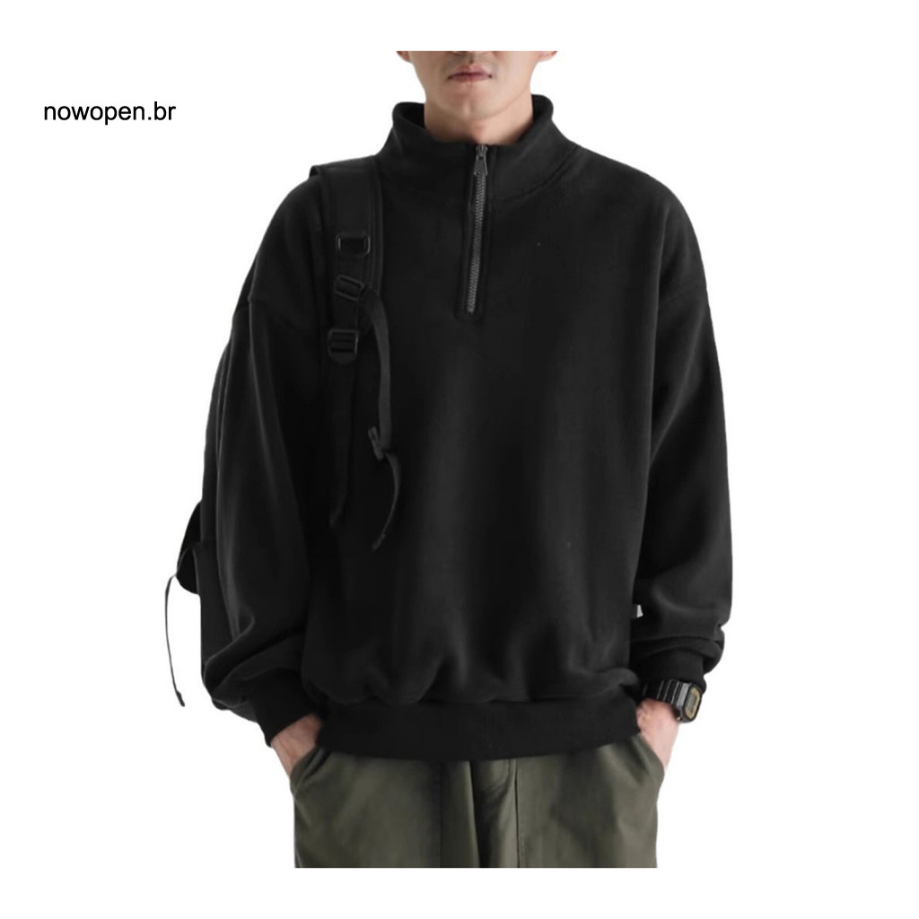 Cozy Velvet Sweatshirt Men's Fall Winter Half-zip Stand Collar Retro Solid Color Double-sided Pullover Loose Fit Long Sl