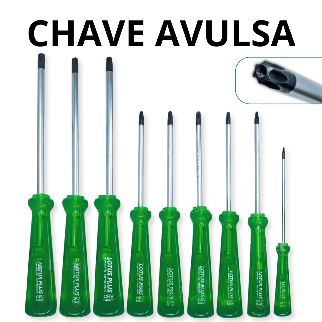 Chave Torx Avulsa Lotus T8 T10 T15 T20 T25 T27 T30 T40 T45 Furo Cabo Verde Translúcido Profissional
