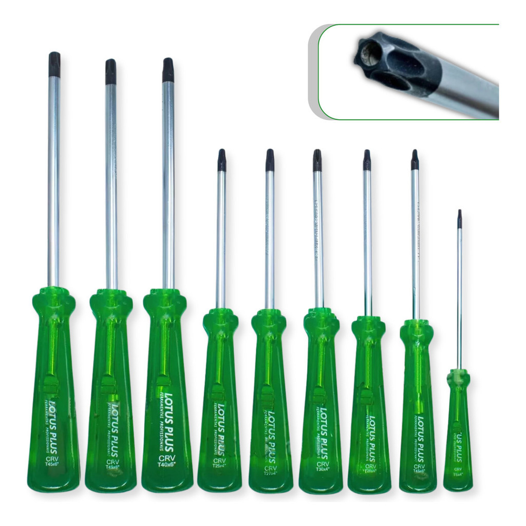Kit Jogo Chaves Torx Imantada Cromo Vanádio Com Furo Guia T8 T10 T15 T20 T25 T27 T30 T40 T45
