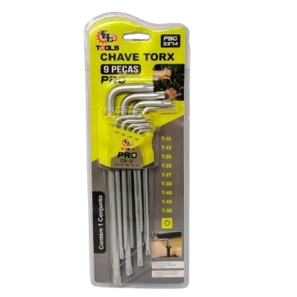 Jogo de Chaves Torx 9 Peças T10/T15/T20/T25/T27/T30/T40/T45/T50 FBG-3374
