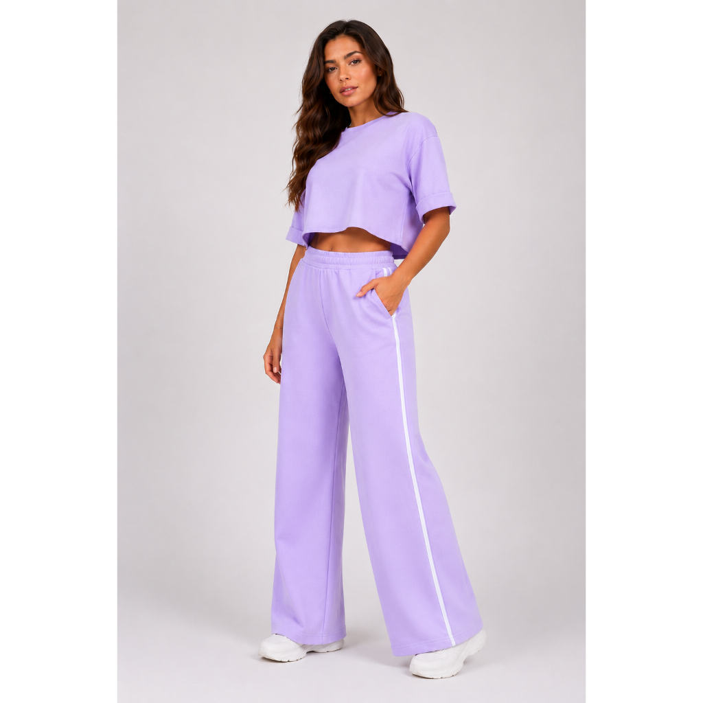 Calça De Moletom Pantalona Feminina c/ Listra e Bolsos Laterais Algodão Premium Cós Alto Ajustável