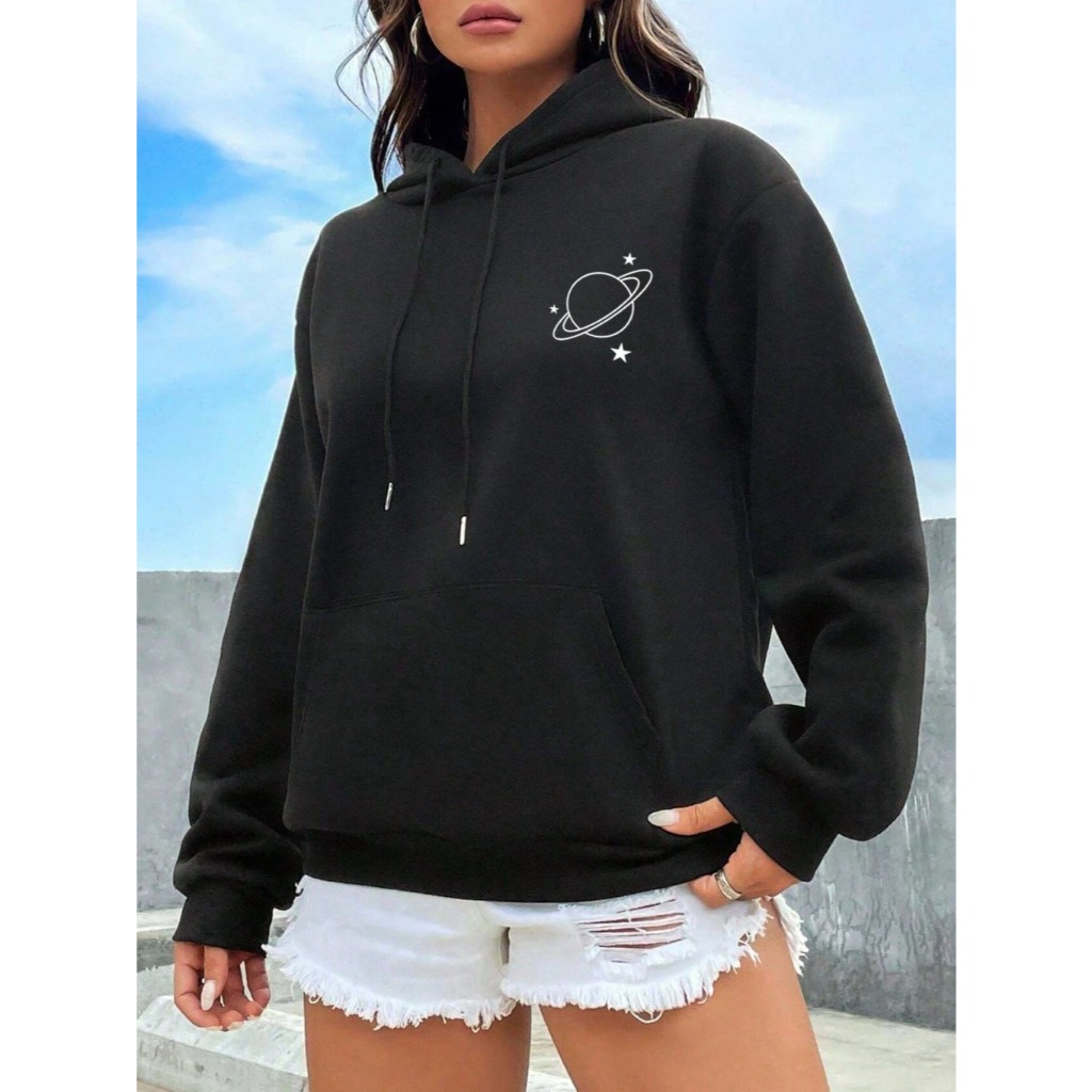 Moletom Feminino Blusa de Frio Casaco Estampado Planeta Moda Inverno Moletom Capuz Bolso Canguru