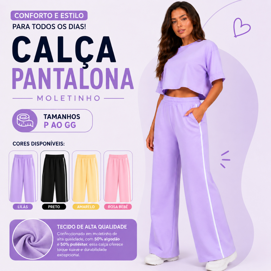 Calça Feminina Pantalona Moletinho c/ Listra Lateral Inverno Algodão Premium Bolso Lateral
