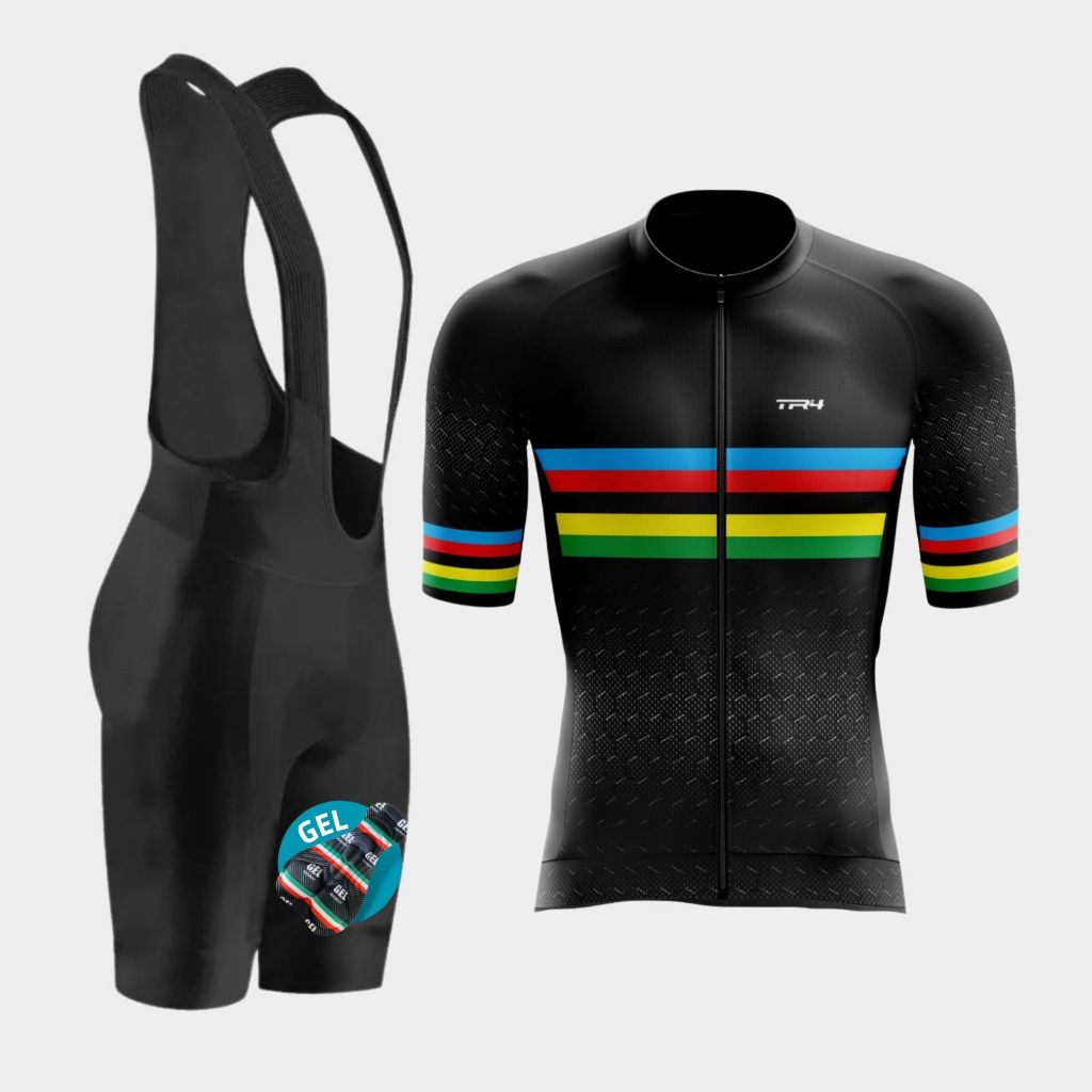 Conjunto Masculino Ciclismo Bretelle Gel D100 Camisa Bolsos Camiseta Zíper Total
