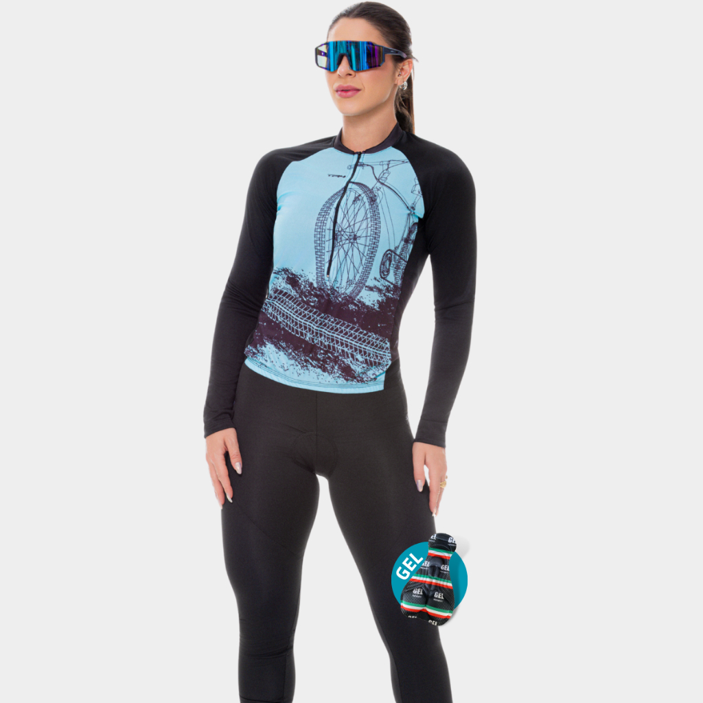 Kit Roupa de Ciclismo Mulher Camisa e Calça De Gel Com Bolsos Laterais Para Guardar Celular
