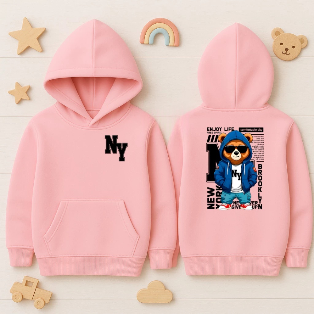 Moletom Infantil Juvenil Flanelado Urso New York Blusa de Frio com Capuz e Bolso Canguru Algodão