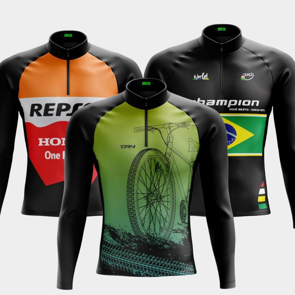 Camisa Ciclismo Masculina Manga Longa Blusa Inverno Frio Proteção Solar UV+ Bolsos Traseiros