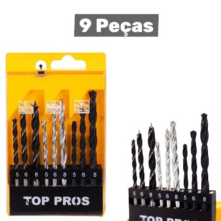 Jogo de Brocas Ferramenta Profissional Para Madeira e Metal 9 Peças Diâmetros 5mm, 6mm e 8mm
