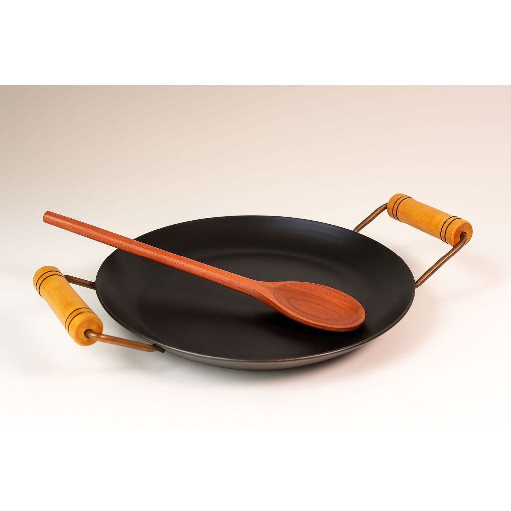 Disco de Arado 40cm Chapa de Aço Carbono 5mm com Alça de Madeira Fogão a Lenha Churrasco Bifeteira+Colher de Madeira