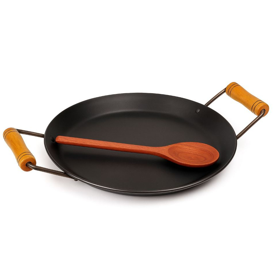 Disco de Arado 28cm Chapa Aço Carbono 5mm Alça de Madeira Fogão a Gás Lenha Churrasco Bifeteira + Colher de Madeira