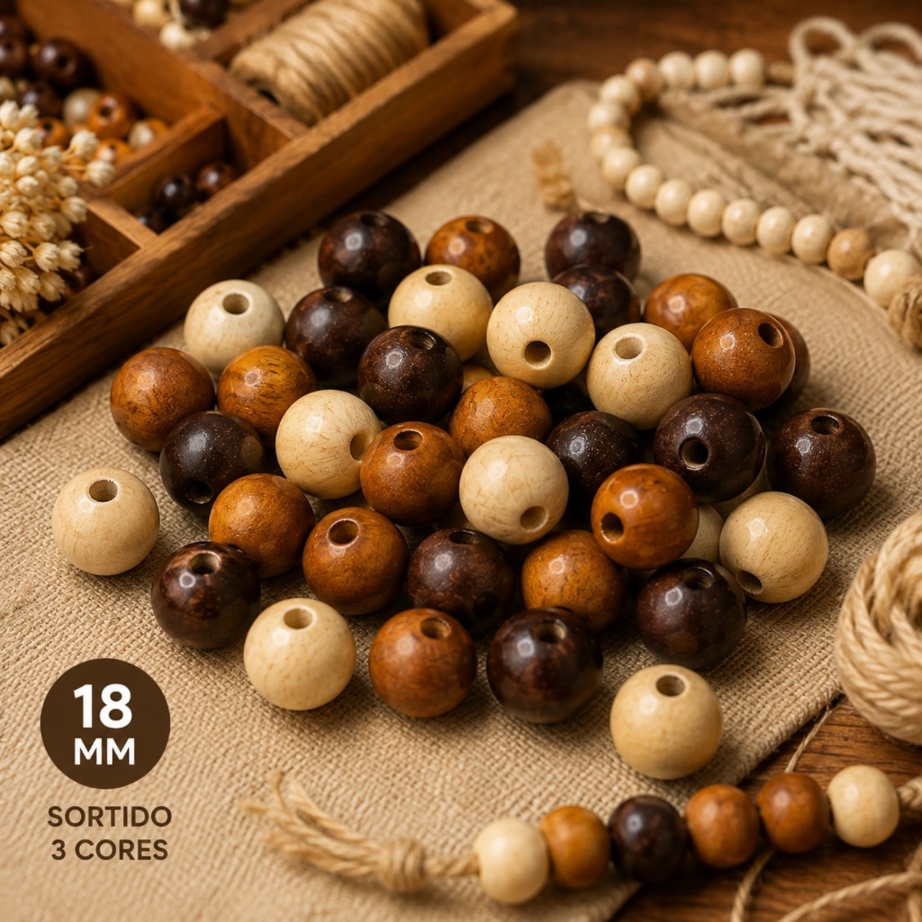 Miçangas De Madeira 18mm Para Artesanato - Passante 1,5mm - Bolinha Grande e Lisa