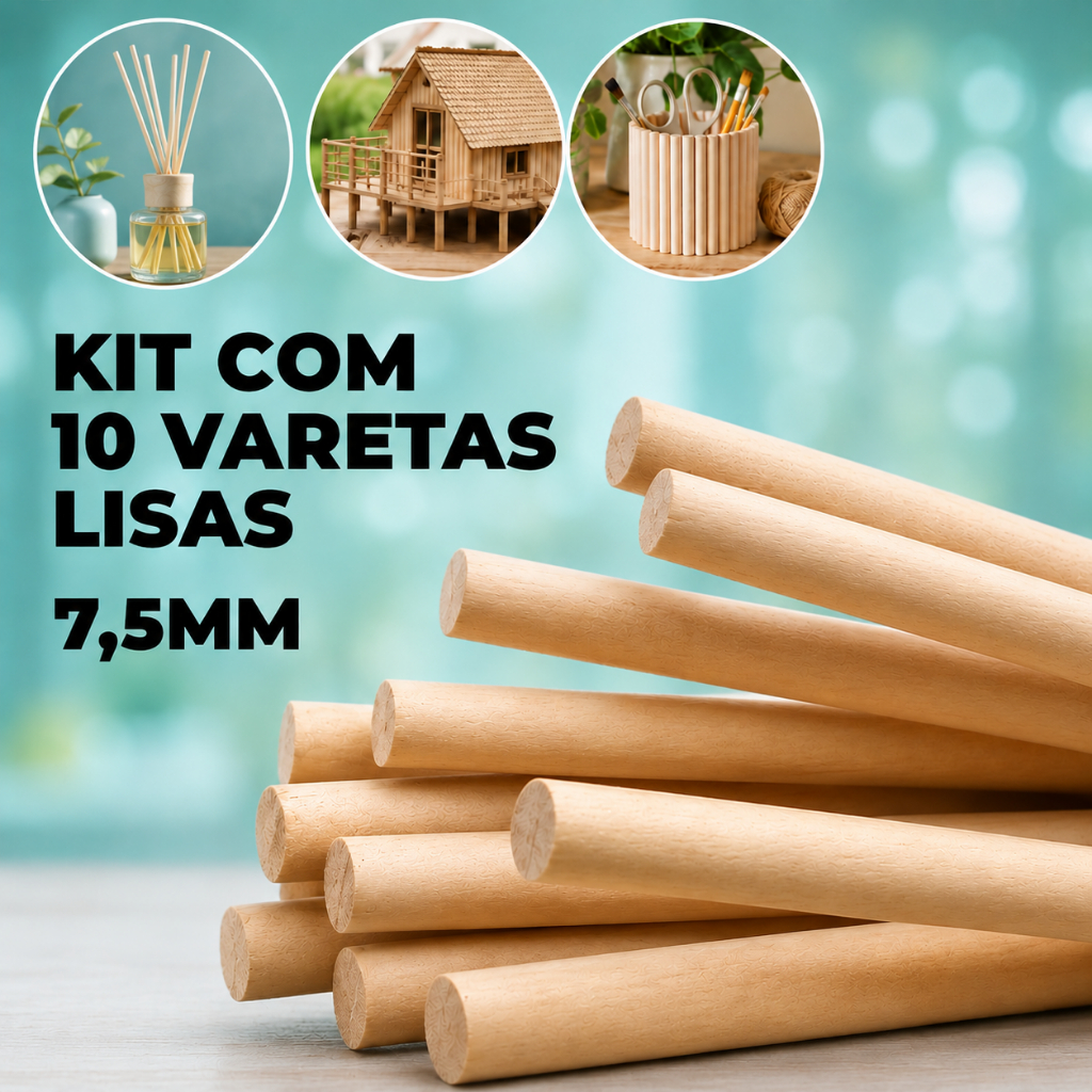 10 Varetas de Madeira 7,5mm Palitos Hastes Pinus Liso Artesanato Bastão Roliço Brinquedo