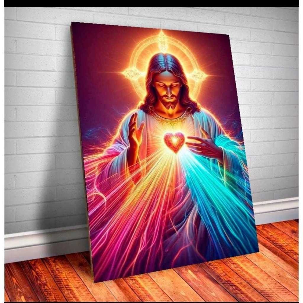 Quadro decorativo Placa MDF Jesus Cristo com coração com Luz Vermelha e Azul