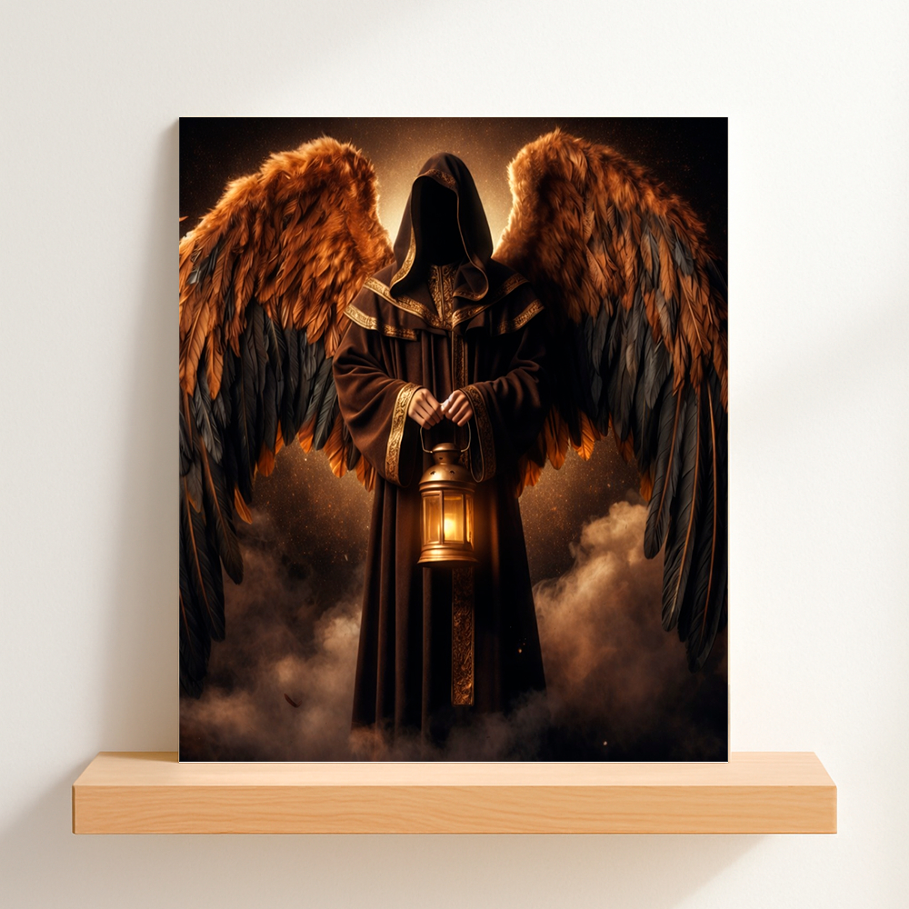 QUADRO DECORATIVO PLACA MDF-ARCANJO CASSIEL COM SUAS ASAS ABERTA SEGURANDO A LUZ