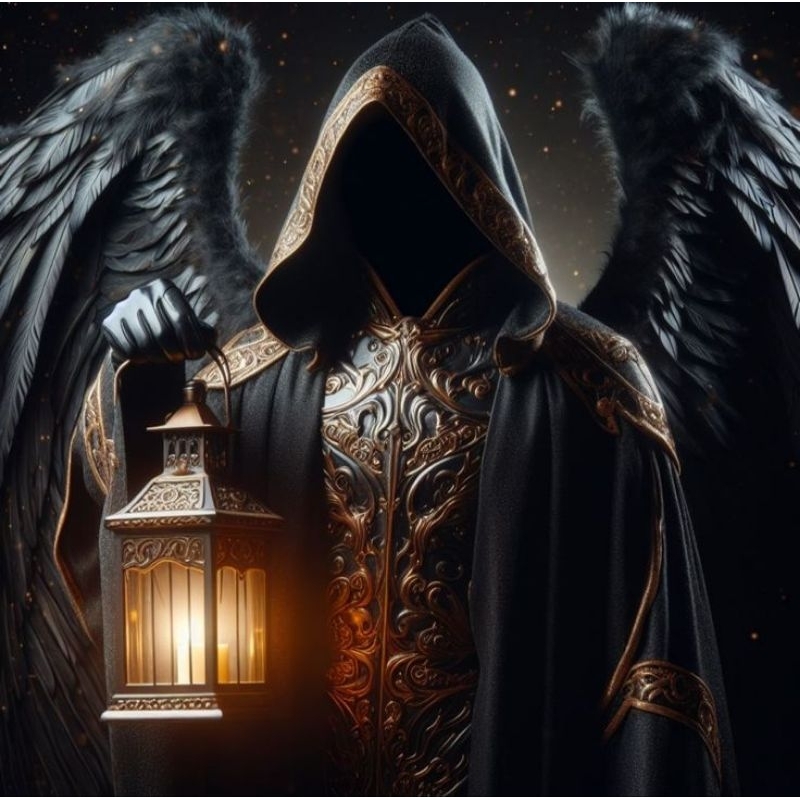 QUADRO DECORATIVO PLACA MDF-ARCANJO CASSIEL COM SUA ROUPA ESCONDENDO O SEU ROSTO E SEGURANDO A LUZ