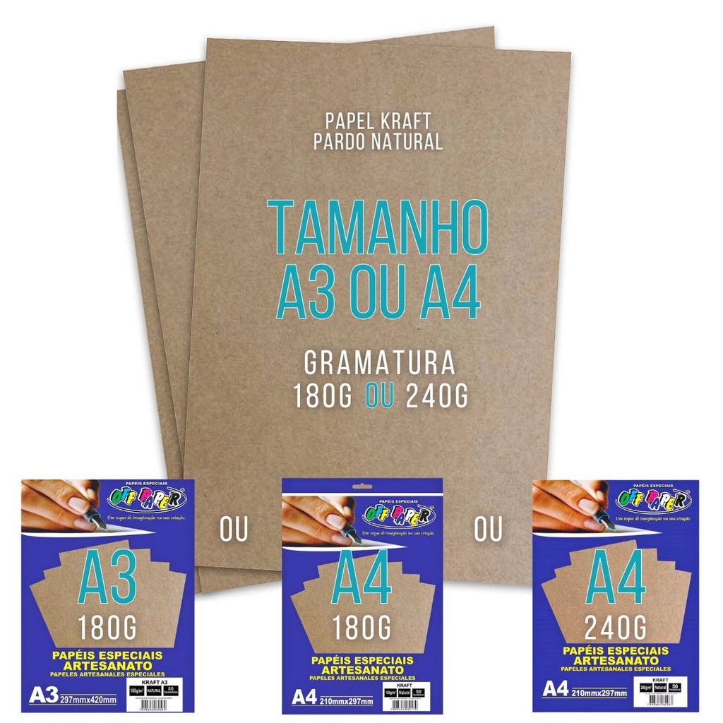 Papel Kraft Pardo Natural Rústico e Elegante com 50 Folhas Off Paper ( A3 ou A4 / 180g ou 240g )