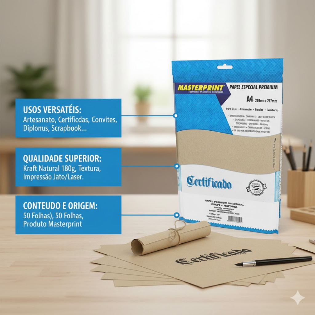 Papel Kraft Premium A4 – Impressão Profissional, Convites e Diplomas, 180g