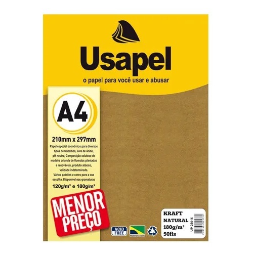 Papel Kraft Natural A4 180g Com 50 Folhas Usapel