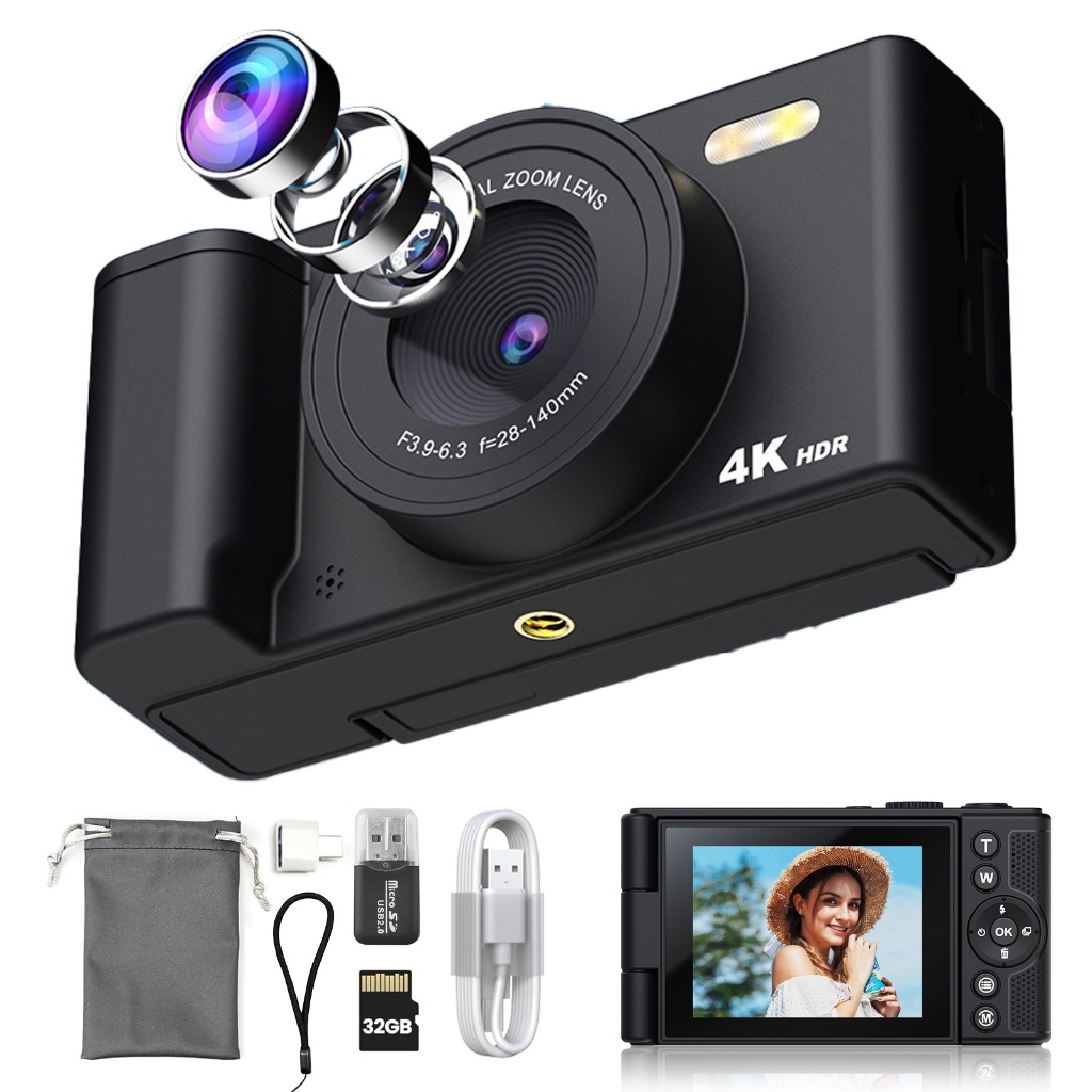 Câmera Digital 4K 64MP Zoom 18x Wi-Fi Tela IPS Flip-up de 3″，Foco Automático, Flash, 2 Baterias + 32gb cartão de memória