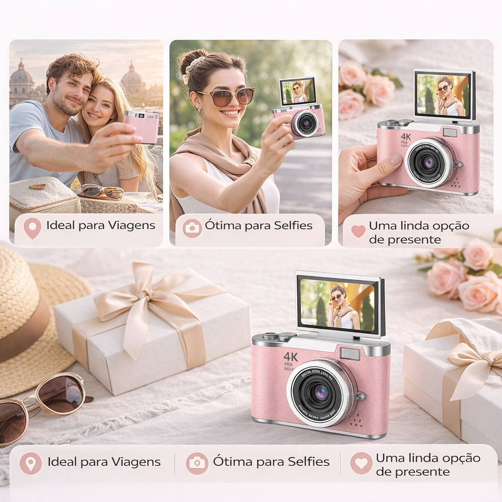 Câmera Digital 4K 64MP com Zoom Óptico 8x Tela Dupla IPS para Foto e Vídeo XIMING