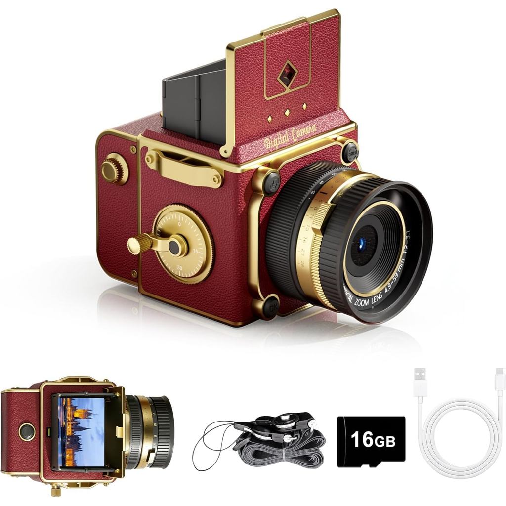 Câmera Digital Vintage, 64MP 2.7K, Câmera Retro Compacta com Autofoco, Tela IPS de 2