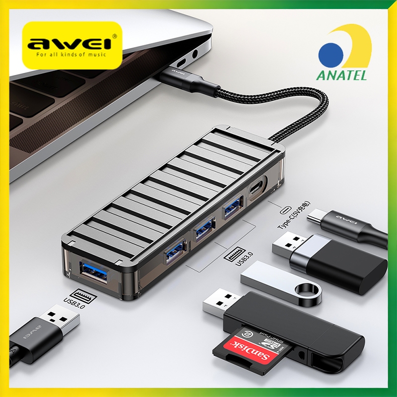 Hub Tipo C Porta USB Awei 4 Em 1 Adaptador Multiportas OTG Alta Velocidade Macbook Notebook PC