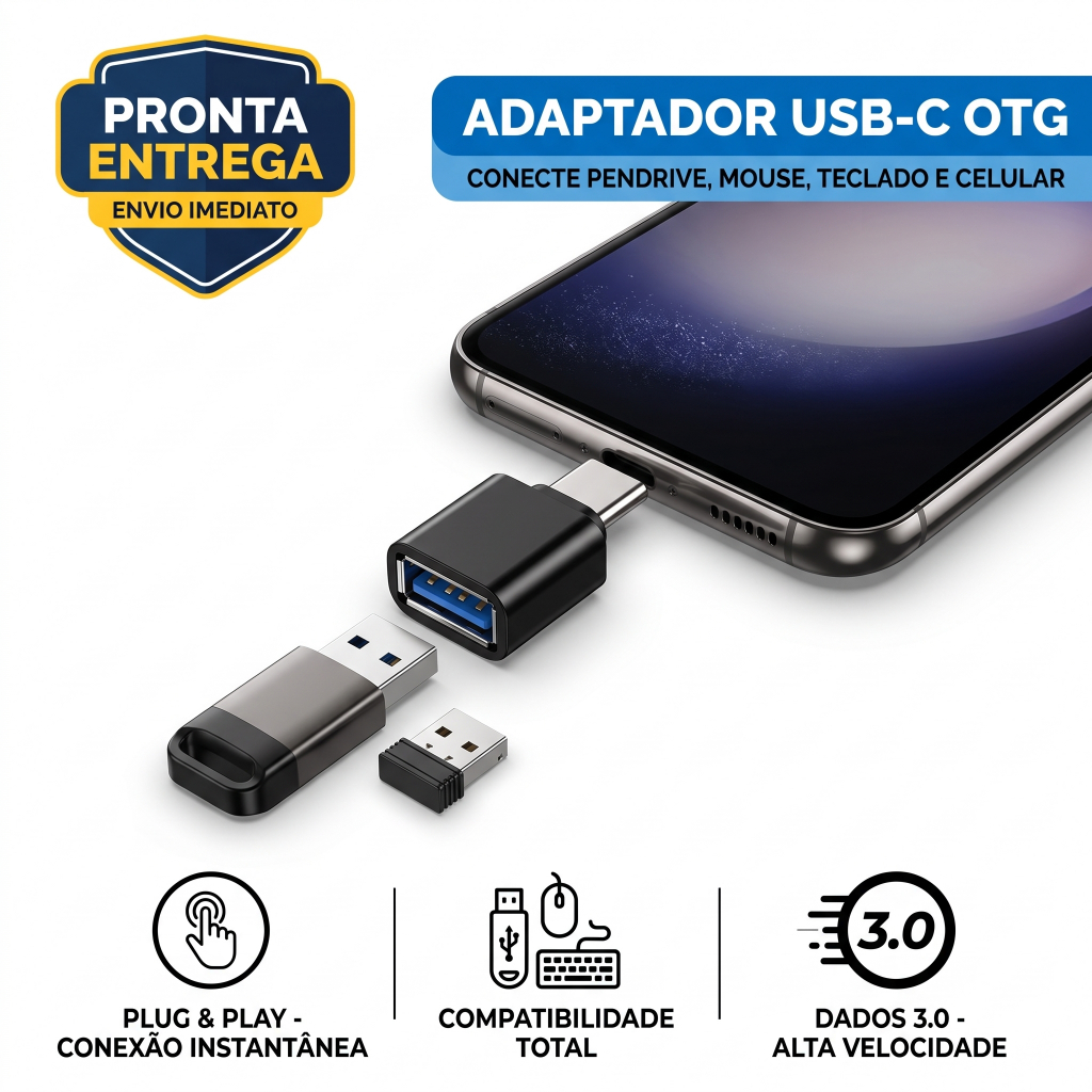 Adaptador OTG USB-C Tipo C para USB 3.0 Conector Fêmea para Celular Pendrive Mouse Teclado Tablet Notebook Plug and Play