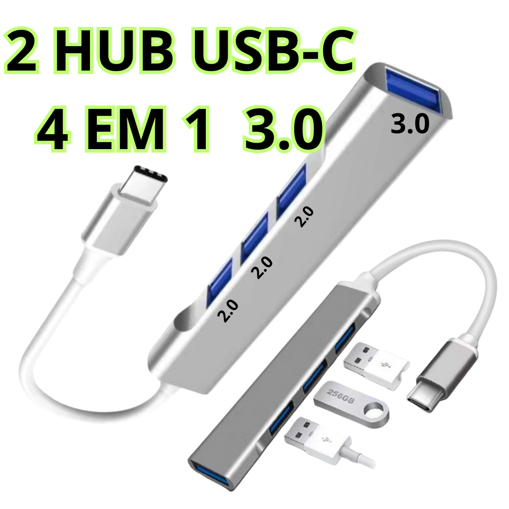 Hub usb 3.0 USB-C Adaptador Otg 4 em 1 x USB 3.0 + 3x USB 2.0 – Alta Velocidade e ORIGINAL