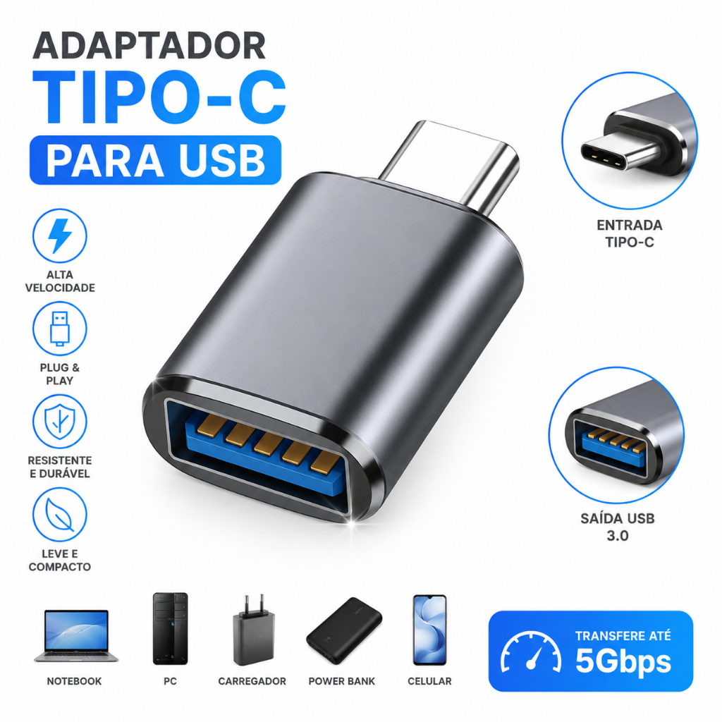 Adaptador Tipo C para USB 3.0 OTG Conversor USB-C Macho Transferência de Dados Alta Velocidade