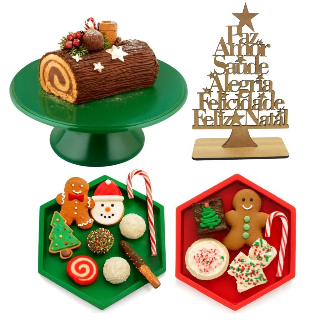 Kit Completo Mesa Natal com Boleira 26cm, Mini Bandejas Hexagonais 17cm e Árvore de Natal Ideal para Festas