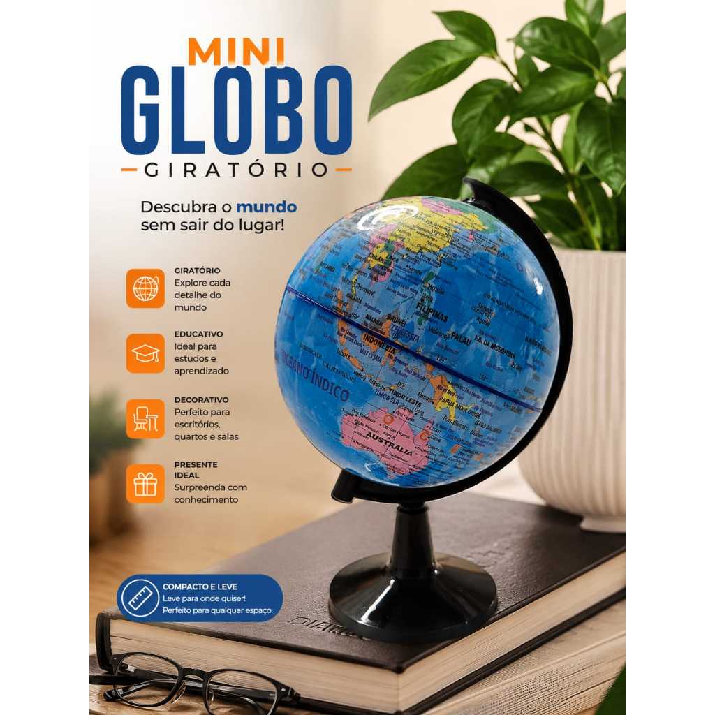 Mini Globo Terrestre Decorativo Giratório Mapa Mundi  17cm Plástico
