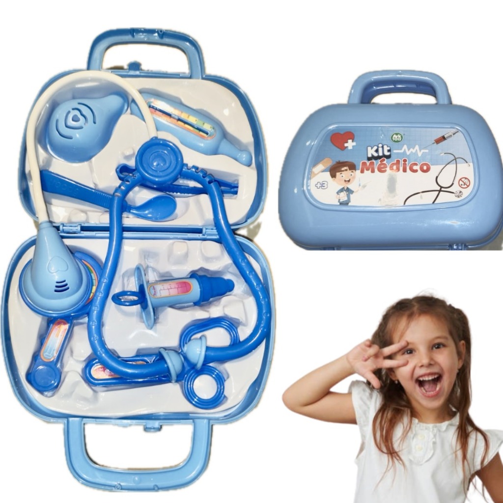 KIT MEDICO NA MALETINHA COM ACESSÓRIOS 8 PÇS MALETA MINI EDUCATIVO ESTIMULA IMAGINAÇÃO DR 19/17CM
