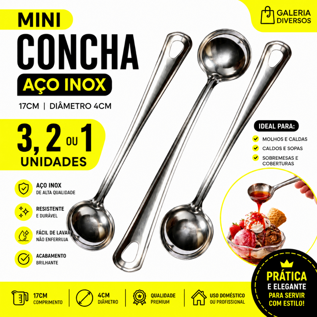 Mini Concha em Aço Inox 17cm Ideal para Molhos Caldas Caldos Sobremesas Coberturas Grãos