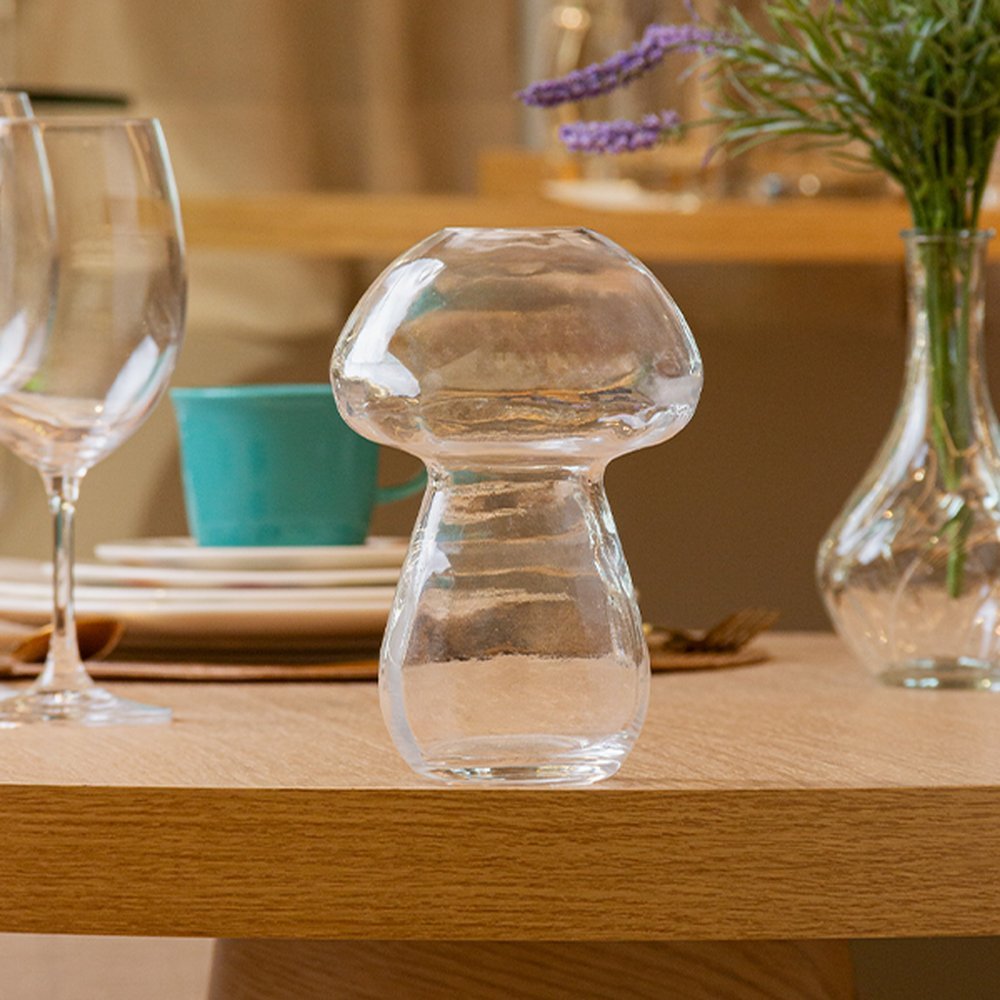 Vaso Decorativo de Vidro Lyor Cogumelo Transparente 14cm 17cm – Mini Vaso Moderno para Decoração