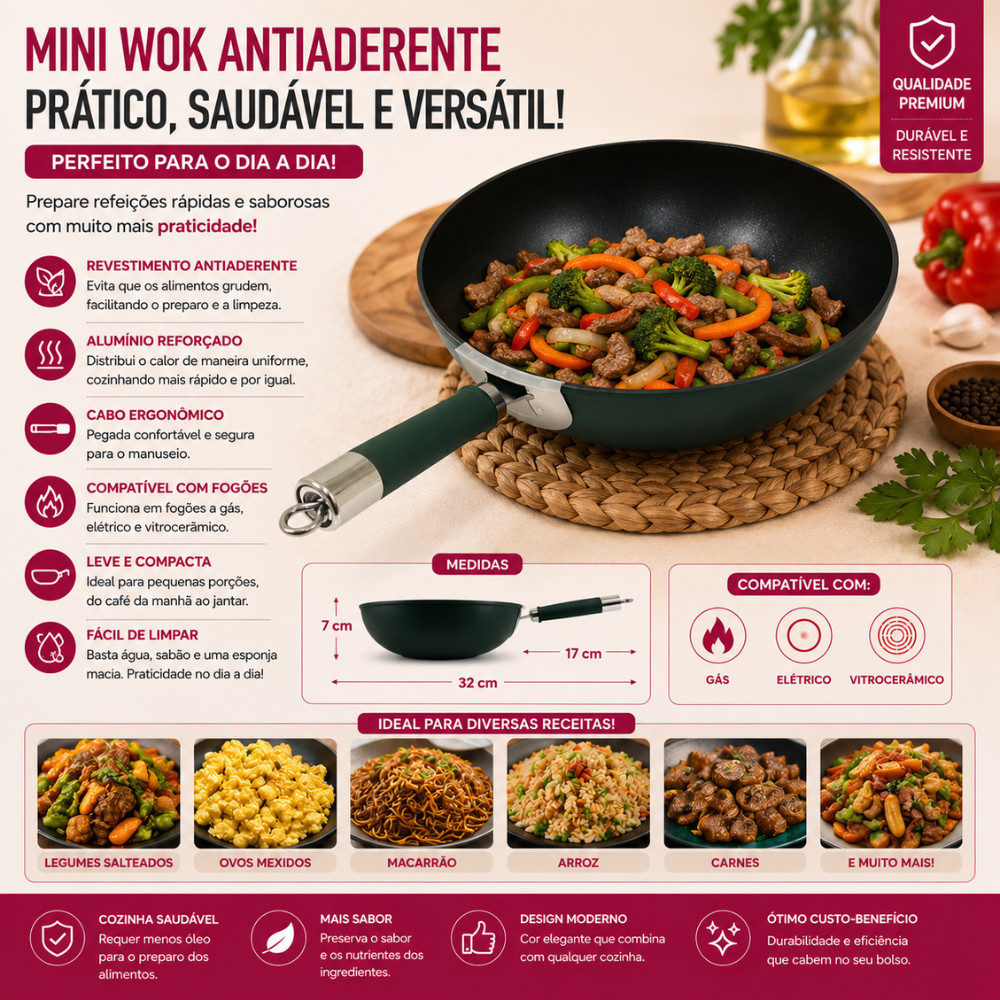 Mini Wok Antiaderente 17cm Alumínio Reforçado Compatível Com Fogões