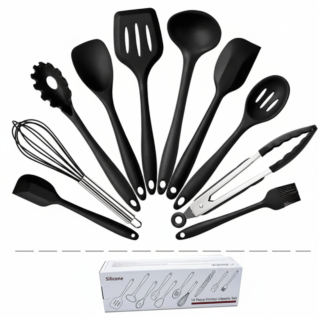 Kit Premium Utensilio Cozinha Silicone 10 Peças Preto