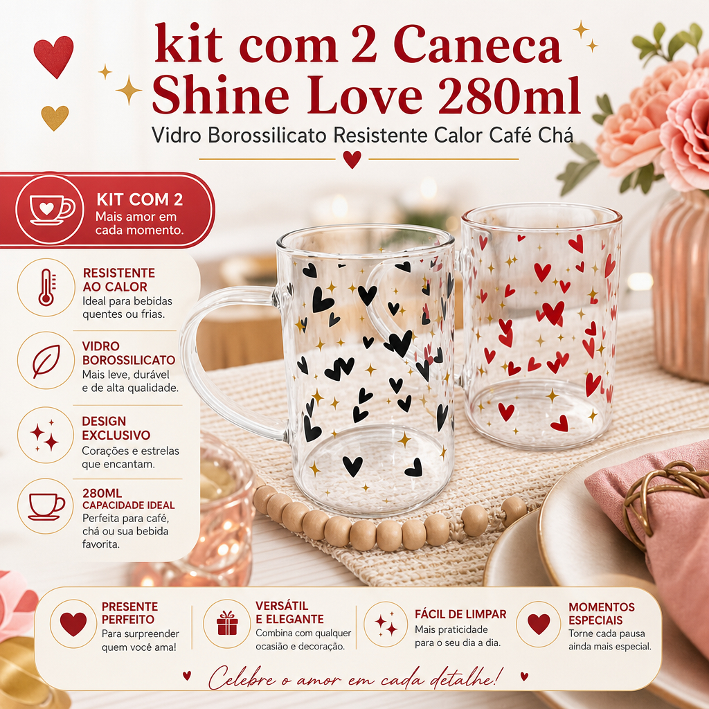 Kit 2 Caneca Shine Love 280ml Vidro Borossilicato Resistente Calor Café Chá