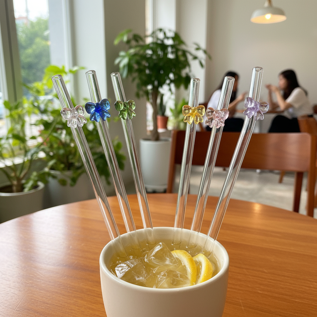 1 peça de canudo de vidro borboleta, resistente ao calor, reutilizável para leite, chá, suco, acessório de cozinha e