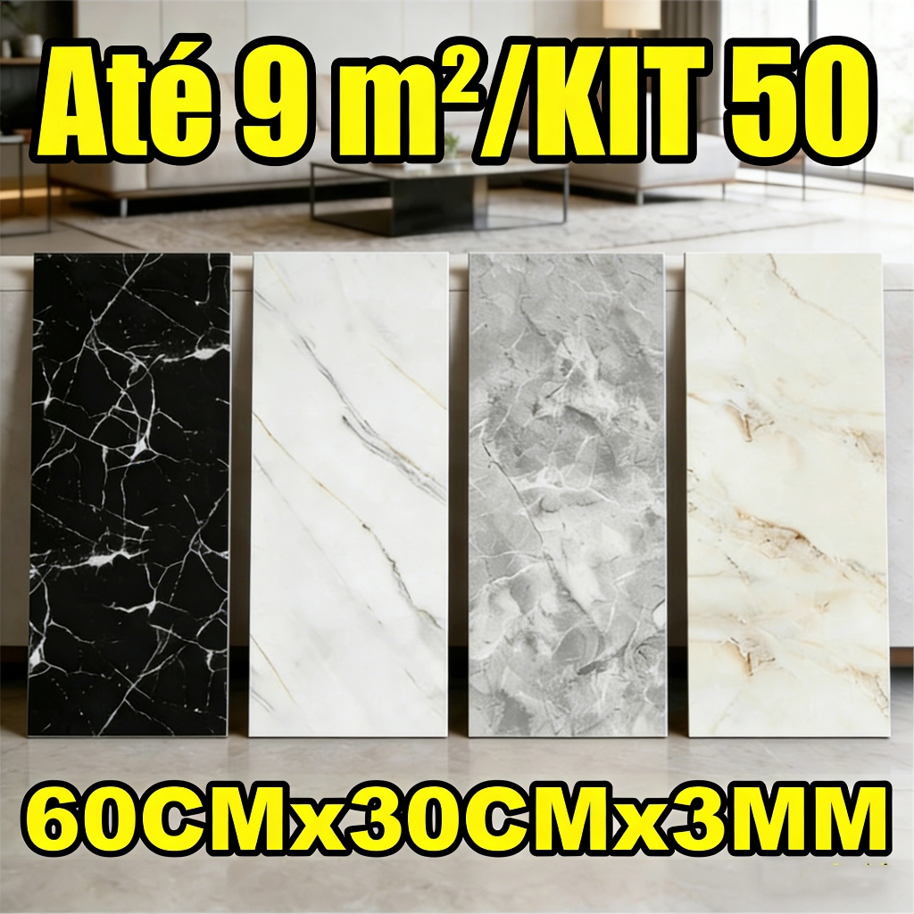 Até 9m²/50 Placa Adesiva Marmore Autocolante Parede 60x30cm Lavável Resistente ao Calor pra Quarto Sala Cozinha Banheiro