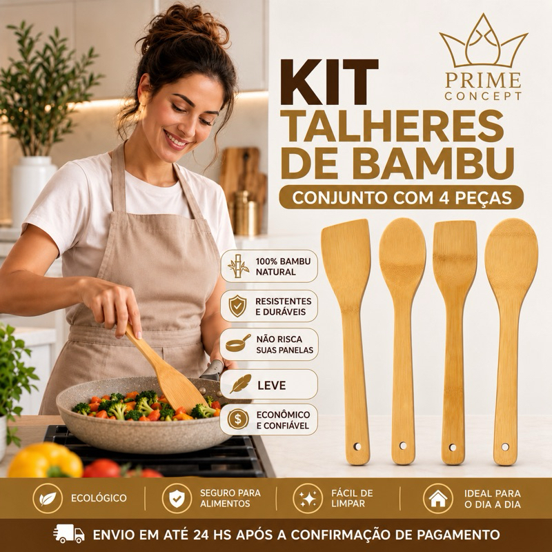 Kit 4 Utensílios de Cozinha em Bambu – Colher de Arroz, Colher Oval, Espátula Reta e Curva – Resistente ao Calor