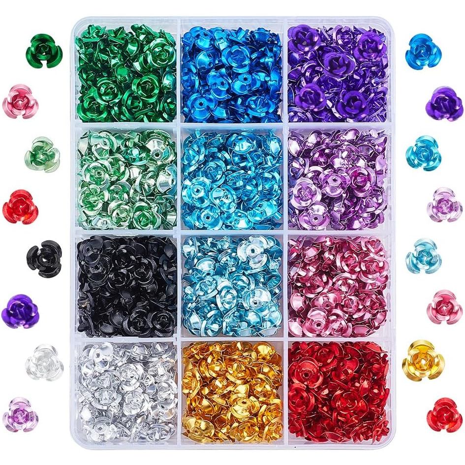 PH PandaHall 720 peças de contas espaçadoras em formato de flor, 12 cores, contas de metal em formato de flor 3D, contas